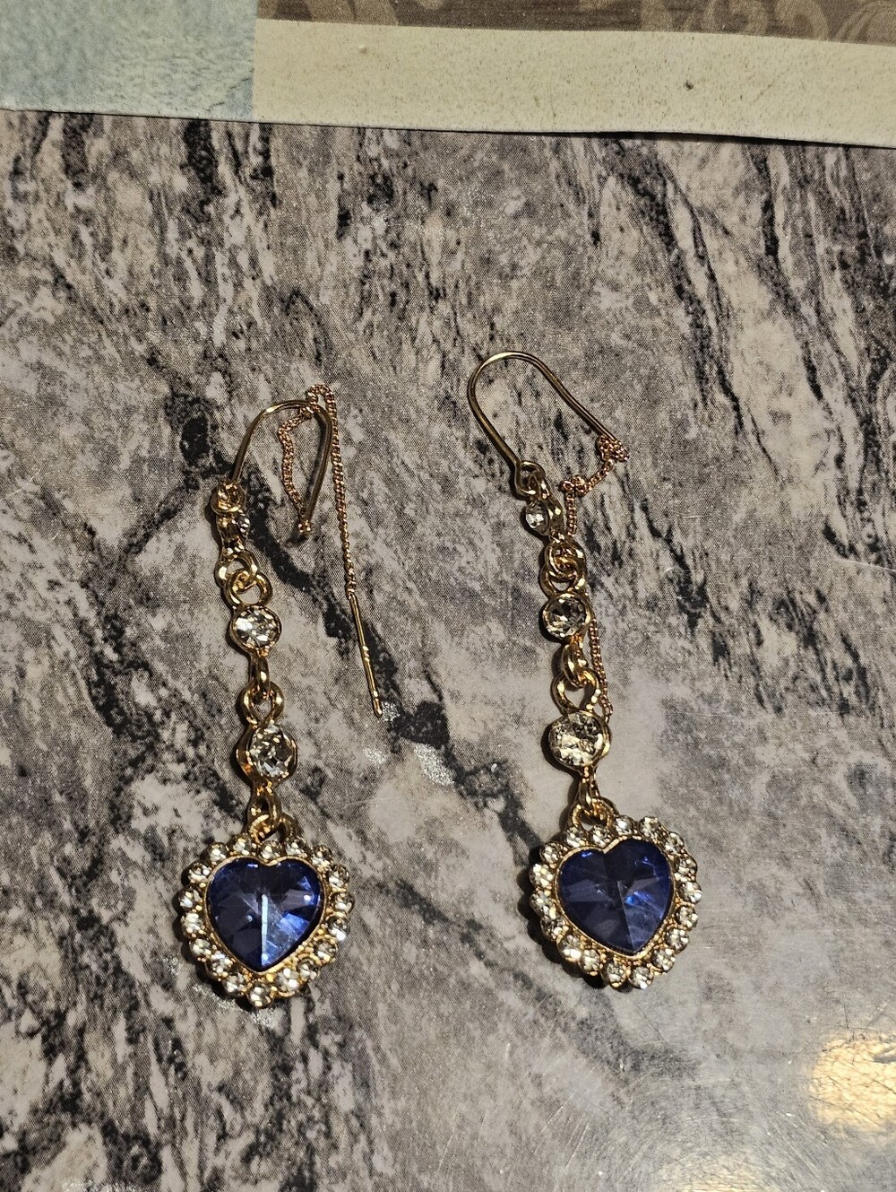 Gold Tone Dangle Drop Blue Heart Earrings